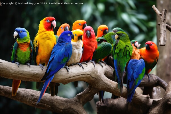 Many colourful different tropical birds sitting together on a br Picture Board by Michael Piepgras