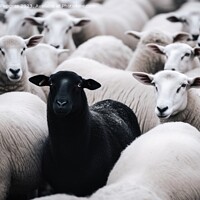 Buy canvas prints of One black sheep in a herd of white sheep. by Michael Piepgras