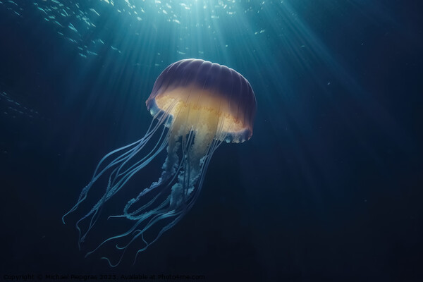 Realistic jellyfish in the depths of the ocean with lightbeams f Picture Board by Michael Piepgras