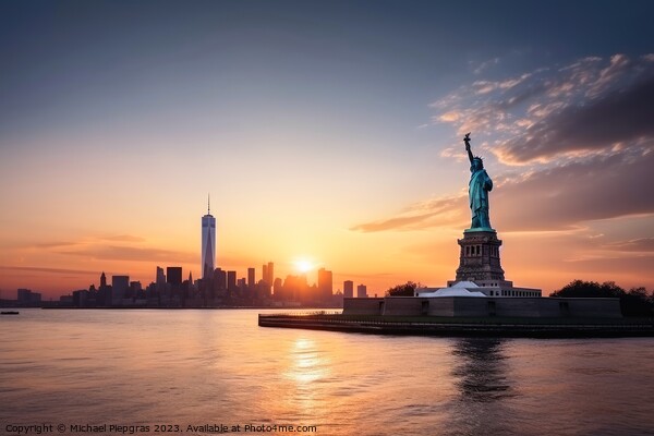Skyline of Manhattan during sunset in New York with the big Stat Picture Board by Michael Piepgras