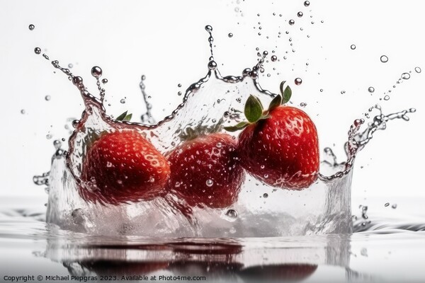 Strawberries falling into water with splashes on a white backgro Picture Board by Michael Piepgras