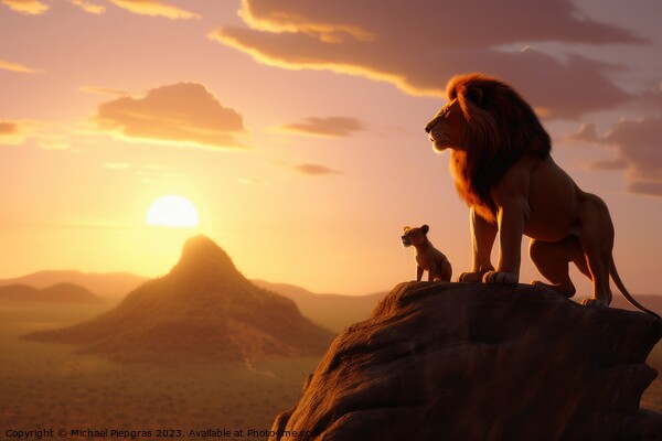 The Lion King sunset view created with generative AI technology. Picture Board by Michael Piepgras