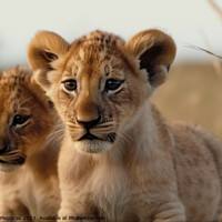 Buy canvas prints of Two cute lion cubs playing in the flat grass of the savannah cre by Michael Piepgras