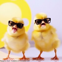 Buy canvas prints of Two yellow chicks with sunglasses singing a song created with ge by Michael Piepgras