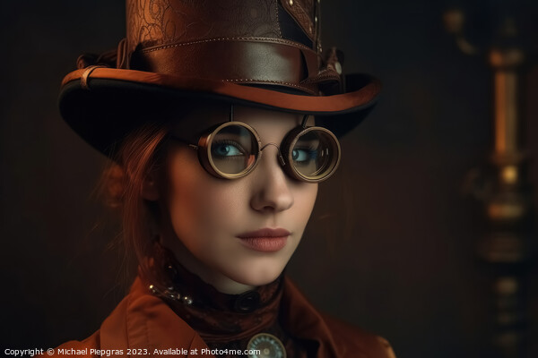 A beautiful portrait of a young woman in a steampunk outfit crea Picture Board by Michael Piepgras