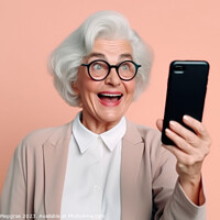 Buy canvas prints of A happy retired old woman holding a smartphone in her hands crea by Michael Piepgras