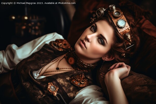 An attractive female steampunk woman cyborg laying on a bed crea Picture Board by Michael Piepgras