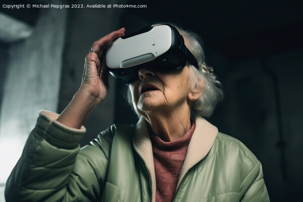 An old woman looking stunned while exploring virtual reality cre Picture Board by Michael Piepgras