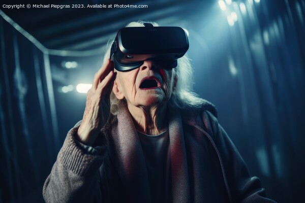An old woman looking stunned while exploring virtual reality cre Picture Board by Michael Piepgras