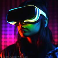 Buy canvas prints of Woman exploring virtual reality in a close up neon colors create by Michael Piepgras