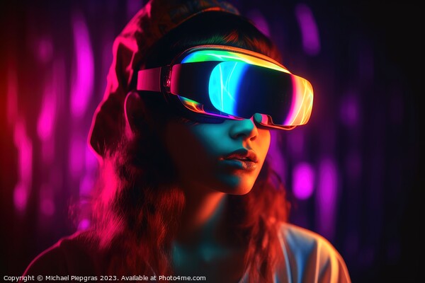 Woman exploring virtual reality in a close up neon colors create Picture Board by Michael Piepgras