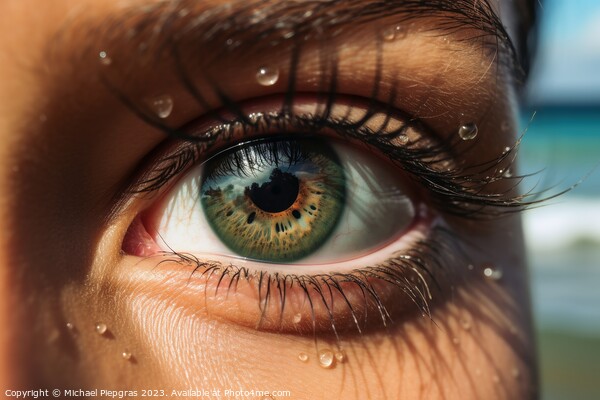 Close up of a female eye with a tropical beach background create Picture Board by Michael Piepgras
