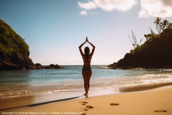 A young woman does yoga in the sun at a tropical beach created w Picture Board by Michael Piepgras