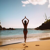Buy canvas prints of A young woman does yoga in the sun at a tropical beach created w by Michael Piepgras