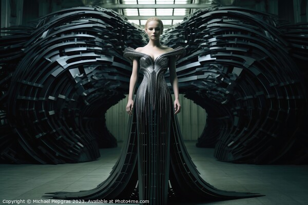 A woman wearing an elegant dress made of steel created with gene Picture Board by Michael Piepgras