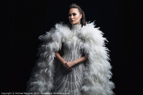 A woman wearing an elegant dress made of feathers created with g Picture Board by Michael Piepgras