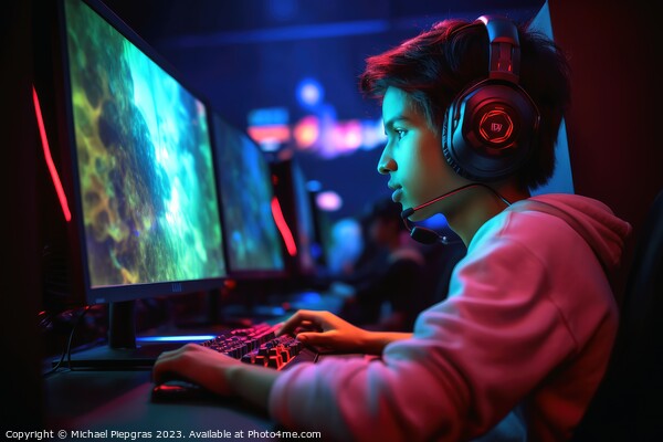 A young person sits at a gaming PC and plays a game created with Picture Board by Michael Piepgras