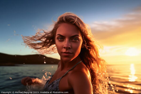 An attractive Woman at a beach during sunset created with genera Picture Board by Michael Piepgras