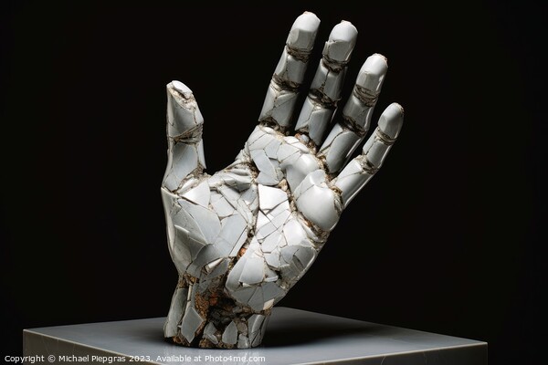 A sculpture of a broken human hand created with generative AI te Picture Board by Michael Piepgras