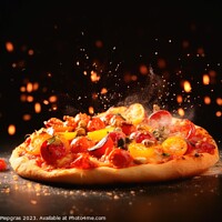 Buy canvas prints of Exploding pizza on a dark background created with generative AI  by Michael Piepgras