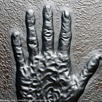 Buy canvas prints of Metal surface background with the relief imprint of a human hand by Michael Piepgras