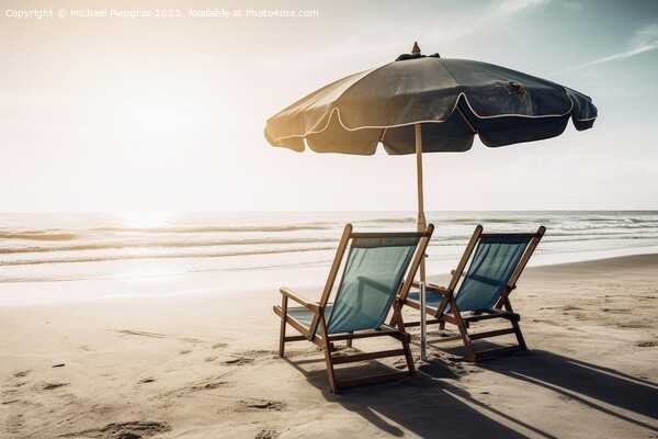 Two beach chairs with a parasol directly on the beach created wi Picture Board by Michael Piepgras
