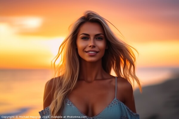 Attractive woman wearing a bikini at the beach during sunset cre Picture Board by Michael Piepgras