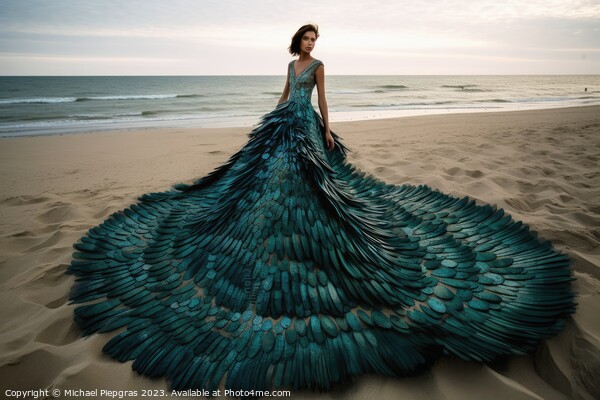 Woman wearing a surreal dress made of peacock feathers created w Picture Board by Michael Piepgras