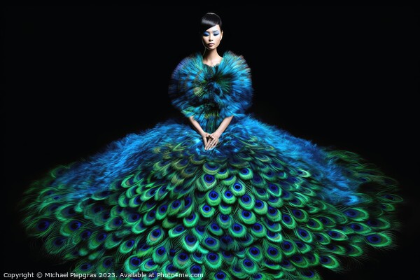 Woman wearing a surreal dress made of peacock feathers created w Picture Board by Michael Piepgras
