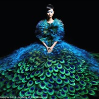 Buy canvas prints of Woman wearing a surreal dress made of peacock feathers created w by Michael Piepgras