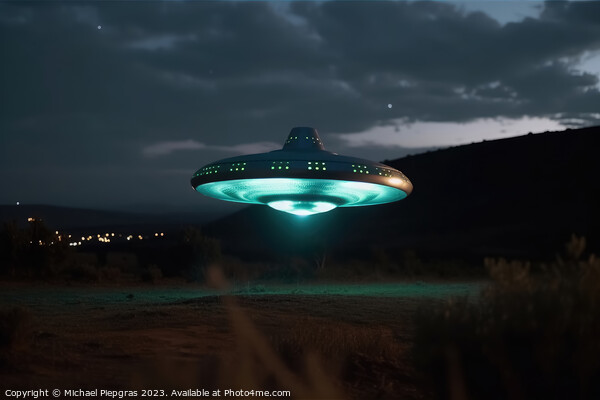 A close up view of a UFO with a spotlight pointed at the bottom  Picture Board by Michael Piepgras
