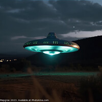Buy canvas prints of A close up view of a UFO with a spotlight pointed at the bottom  by Michael Piepgras