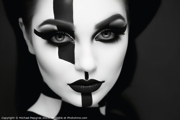 Portrait of a woman with a black and white makeup separating the Picture Board by Michael Piepgras