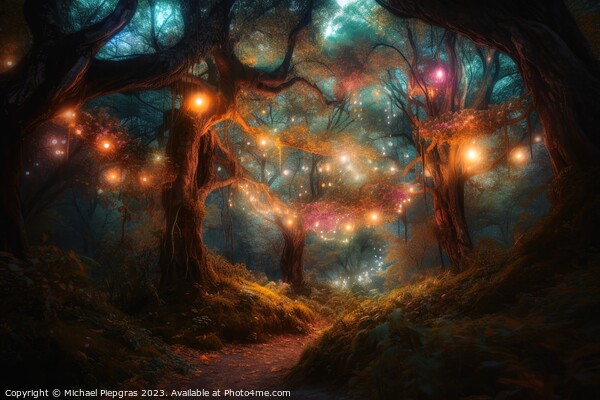 A fantasy forest with glowing lights and sparkling trees created Picture Board by Michael Piepgras