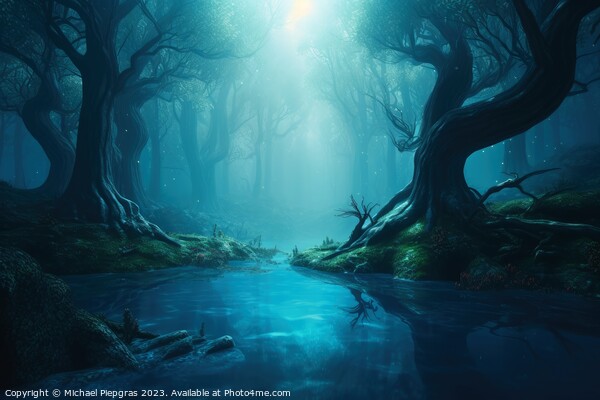 A fantasy forest with trees and water created with generative AI Picture Board by Michael Piepgras