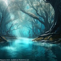 Buy canvas prints of A fantasy forest with trees and water created with generative AI by Michael Piepgras