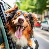 Buy canvas prints of A funny dog out of a car window created with generative AI techn by Michael Piepgras