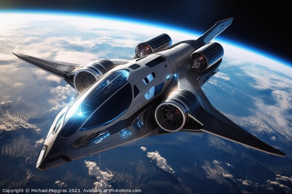 A futuristic aircraft in space with planet earth in the backgrou Picture Board by Michael Piepgras