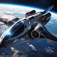 Buy canvas prints of A futuristic aircraft in space with planet earth in the backgrou by Michael Piepgras
