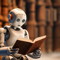 Buy canvas prints of A kid AI Robot reading a book created with generative AI technol by Michael Piepgras