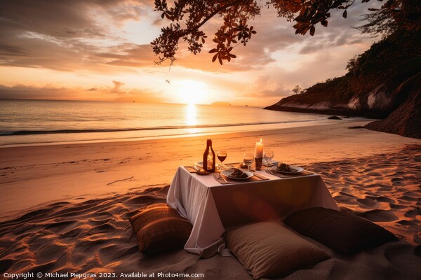A romantic picnic on a tropical beach at sunset created with gen Picture Board by Michael Piepgras