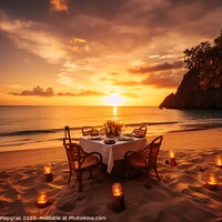 Buy canvas prints of A romantic picnic on a tropical beach at sunset created with gen by Michael Piepgras