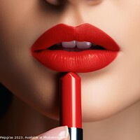 Buy canvas prints of Close up of putting red lipestick to woman lips created with gen by Michael Piepgras