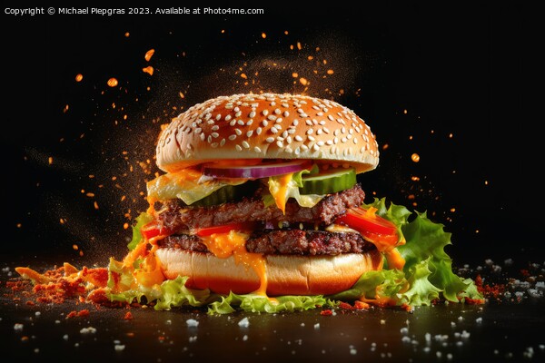 Exploding burger on a dark background created with generative AI Picture Board by Michael Piepgras