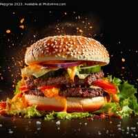 Buy canvas prints of Exploding burger on a dark background created with generative AI by Michael Piepgras