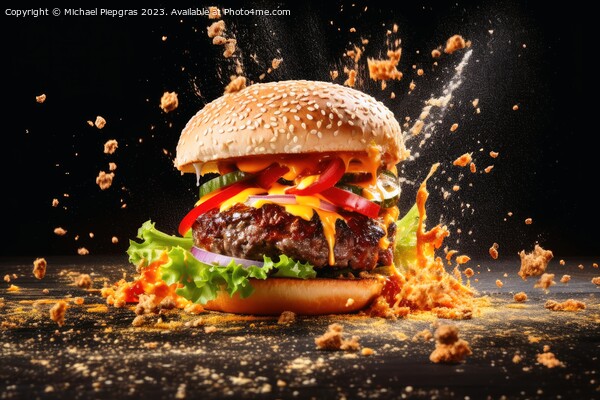 Exploding burger on a dark background created with generative AI Picture Board by Michael Piepgras