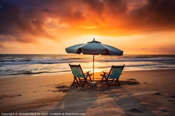 Two beach chairs and a little table with a colorful parasol dire Picture Board by Michael Piepgras