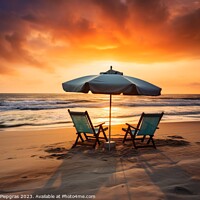Buy canvas prints of Two beach chairs and a little table with a colorful parasol dire by Michael Piepgras