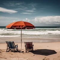 Buy canvas prints of Two beach chairs with a parasol directly on the beach created wi by Michael Piepgras
