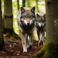 Buy canvas prints of Wild wolves in a forest created with generative AI technology. by Michael Piepgras